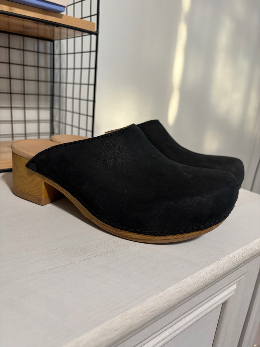 Dansko Black Suede Mule Clogs with Wood-Tone Heel